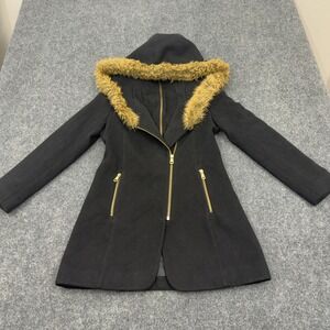 Rothschild Coat Girls 14 Black Wool Blend Faux Fur Hood Asymmetrical Zip Classic